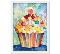 Artery8 Rainbow Pattern Cupcake Folk Art Watercolour Painting Artwork Framed A3 Wall Art Print
