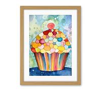 Artery8 Rainbow Pattern Cupcake Folk Art Watercolour Painting Artwork Framed Wall Art Print 18X24 Inch