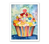 Artery8 Rainbow Pattern Cupcake Folk Art Watercolour Painting Artwork Framed Wall Art Print 18X24 Inch