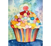 Artery8 Rainbow Pattern Cupcake Folk Art Watercolour Painting Extra Large XL Wall Art Poster Print