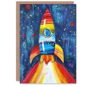 Artery8 Greeting Card Rainbow Rocket Blast Off Space Painting Colourful For Child Kids Birthday Card