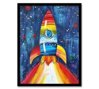 Artery8 Rainbow Rocket Blast Off-Space Painting Colourful Framed Art Print in Blue | Size: W12" x H16" Artery8 Blue W12" x H16"