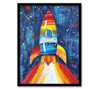 Artery8 Rainbow Rocket Blast Off Space Painting Colourful Kids Bedroom Artwork Framed Wall Art Print 18X24 Inch