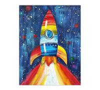 Artery8 Rainbow Rocket Blast Off-Space Painting Colourful Wall Art Print in Blue | Size: W24" x H32" Artery8 Blue W24" x H32"
