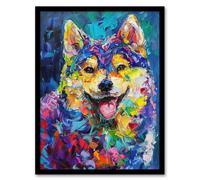 Artery8 Rainbow Shiba Inu Dog Lover Portrait Thick Paint Living Room Artwork Framed Wall Art Print A4