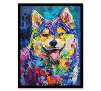 Artery8 Rainbow Shiba Inu Dog Lover Portrait Thick Paint Living Room Artwork Framed Wall Art Print 18X24 Inch