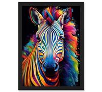 Artery8 Rainbow Striped Zebra Colourful Vibrant Bold Psychedelic Neon Impact Artwork Framed A3 Wall Art Print