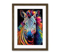 Artery8 Rainbow Striped Zebra Colourful Vibrant Bold Psychedelic Neon Impact Artwork Framed Wall Art Print 18X24 Inch