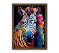 Artery8 Rainbow Striped Zebra Colourful Vibrant Bold Psychedelic Neon Impact Artwork Framed Wall Art Print 18X24 Inch
