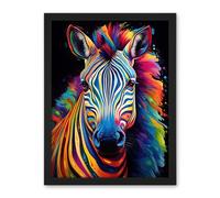 Artery8 Rainbow Striped Zebra Colourful Vibrant Bold Psychedelic Neon Impact Artwork Framed Wall Art Print 18X24 Inch