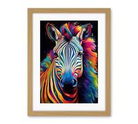 Artery8 Rainbow Striped Zebra Colourful Vibrant Bold Psychedelic Neon Impact Artwork Framed Wall Art Print 18X24 Inch
