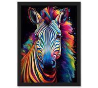 Artery8 Rainbow Striped Zebra Colourful Vibrant Bold Psychedelic Neon Impact Wall Art Print - A4 Size