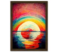 Artery8 Rainbow Sunset At Sea Vibrant Expressionism Artwork Framed Wall Art Print A4 in Brown Artery8 Brown