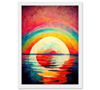 Artery8 Rainbow Sunset At Sea Vibrant Expressionism Artwork Framed Wall Art Print A4 in White Artery8 White