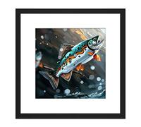 Artery8 Rainbow Trout Fish Jumping Out of Water Modern Oil Painting Square Wooden Framed Wall Art Print Picture 9X9 Inch