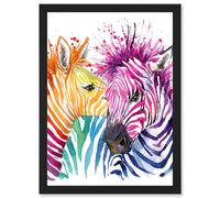 Wee Blue Coo Rainbow Two Rainbow Zebra Painting Multi Coloured Artwork Framed Wall Art Print A4