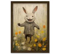 Artery8 Raincoat Rabbit Happy Bunny Flower Meadow Kids Girls Bedroom Nursery Artwork Framed Wall Art Print A4