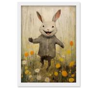 Wall Art Print Raincoat Rabbit Happy Bunny Flower Meadow Kids Girls Bedroom Nursery Artwork Framed A4 Artery8 White A4