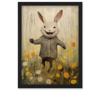 Artery8 Raincoat Rabbit Happy Bunny Flower Meadow Kids Girls Bedroom Nursery Artwork Framed Wall Art Print A4