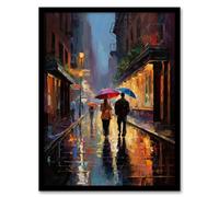 Artery8 Rainy Romance Colourful Oil Painting Couple Talking A Romantic Walk With Umbrellas On A Rainy Night Bedroom Art Artwork Framed Wall Art Print 18X24 Inch