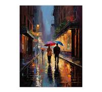 Wall Art Print Rainy Romance Colourful Oil Painting Couple Talking A Romantic Walk With Umbrellas On A Rainy Night Bedroom Art Poster Artery8 Blue W18 inch x H24 inch