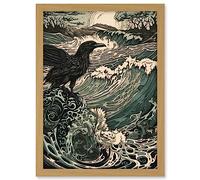 Artery8 Raven and Crashing Waves Coastal Sunrise Landscape Artwork Framed A3 Wall Art Print
