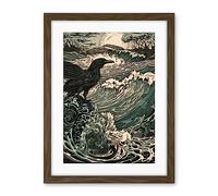 Artery8 Raven and Crashing Waves Coastal Sunrise Landscape Artwork Framed Wall Art Print 18X24 Inch