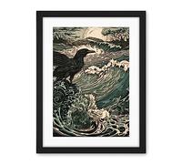 Artery8 Raven and Crashing Waves Coastal Sunrise Landscape Artwork Framed Wall Art Print 18X24 Inch