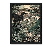 Artery8 Raven and Crashing Waves Coastal Sunrise Landscape Artwork Framed Wall Art Print 18X24 Inch