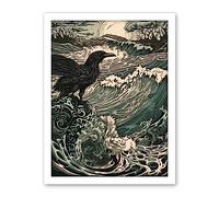 Artery8 Raven and Crashing Waves Coastal Sunrise Landscape Artwork Framed Wall Art Print 18X24 Inch