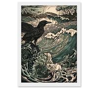 Artery8 Raven and Crashing Waves Coastal Sunrise Landscape Artwork Framed Wall Art Print A4