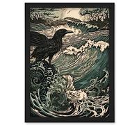 Artery8 Raven and Crashing Waves Coastal Sunrise Landscape Artwork Framed Wall Art Print A4