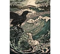 Artery8 Raven and Crashing Waves Coastal Sunrise Landscape Extra Large XL Wall Art Poster Print