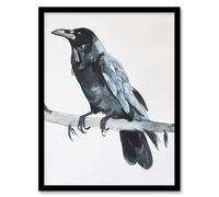 Artery8 Raven Bird on Tree Branch Bright Watercolour Living Room Artwork Framed Wall Art Print A4