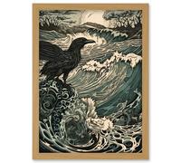 Artery8 Raven and Crashing Waves Coastal Sunrise Landscape Artwork Framed Wall Art Print A4
