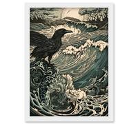 Artery8 Raven & Crashing Waves Coastal Sunrise Landscape Artwork Framed Wall Art Print A4 in White Artery8 White