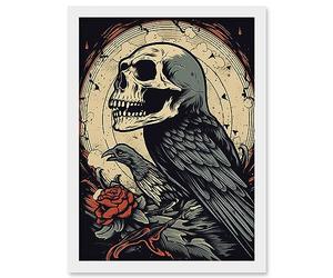 Artery8 Raven Human Skull Old School USA Tattoo Ink Body Rockabilly Americana 50s Artwork Framed A3 Wall Art Print