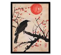 Artery8 Raven on Berry Tree Winter Sun Japanese Painting Framed Wall Art in Beige | Size: W12" x H16" Artery8 Beige W12" x H16"