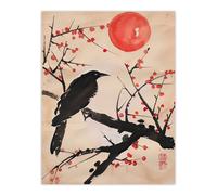 Artery8 Raven on Berry Tree Winter Sun Japanese Painting Wall Art Print in Beige | Size: W12" x H16" Artery8 Beige W12" x H16"