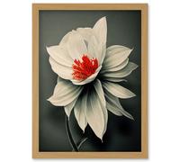 Artery8 Realistic Greyscale Macro Flower Floral Bloom with Orange Red Stamen Artwork Framed Wall Art Print A4 in Light Oak Artery8 Light Oak