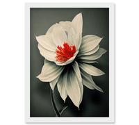 Artery8 Realistic Greyscale Macro Flower Floral Bloom with Orange Red Stamen Artwork Framed Wall Art Print A4 in White Artery8 White