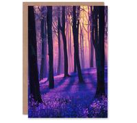 Artery8 Realistic Purple Bluebell Forest Artwork Dawn Sun Greeting Card Artery8 Purple