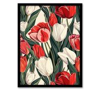Artery8 Red and White Tulip Flowers Blooms Floral Design For Living Room Artwork Framed Wall Art Print 18X24 Inch