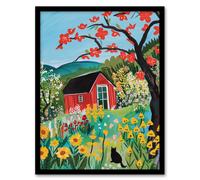 Artery8 Red Cabin in Wildflower Valley Painting Colourful Framed Art Print | Size: A4 Artery8 Red A4