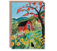 Artery8 Red Cabin in Wildflower Valley Painting Colourful Greeting Birthday Card Him Her All Blank