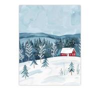 Artery8 Red Cottage in Winter Forest Landscape Folk Art Living Room Large Wall Art Poster Print Thick Paper 18X24 Inch