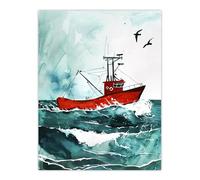 Artery8 Red Fishing Boat at Sea Nautical Watercolour Bathroom Toilet Large Wall Art Poster Print Thick Paper 18X24 Inch