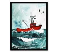 Red Fishing Boat at Sea Nautical Watercolour Framed Art Print Artery8 Blue A4