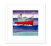 Artery8 Red Fishing Boat Ocean Waves Nautical Sea Watercolour Painting Square Wooden Framed Wall Art Print Picture 8X8 Inch in White Artery8 White