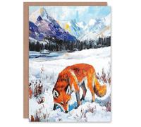 Artery8 Greeting Card Red Fox in Snowy Mountain Winter Landscape Blank For Him Or Her Art Birthday Card